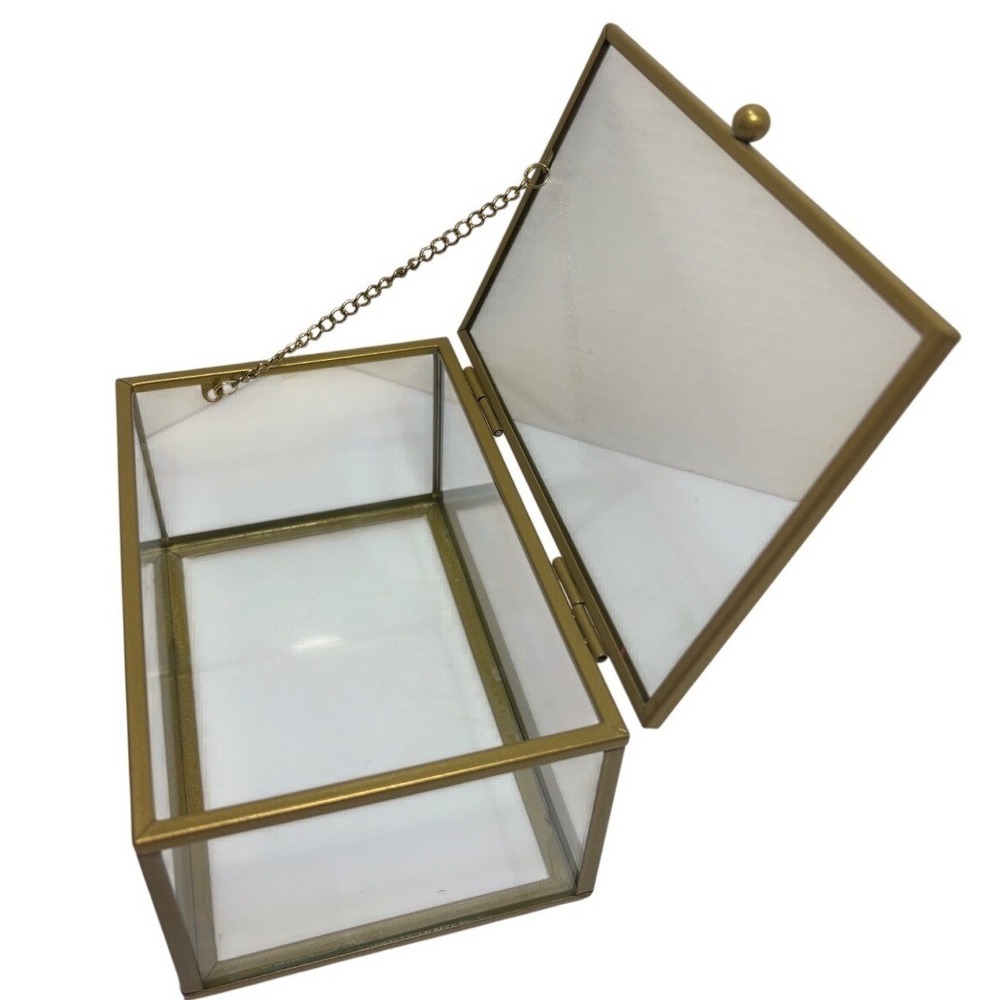 Gold Brass Glass Jewelry Box Rectangular Hinged Display Keepsake Case Vintage - Picture 5 of 10
